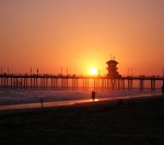 Sun setting over Huntington Beach, California
